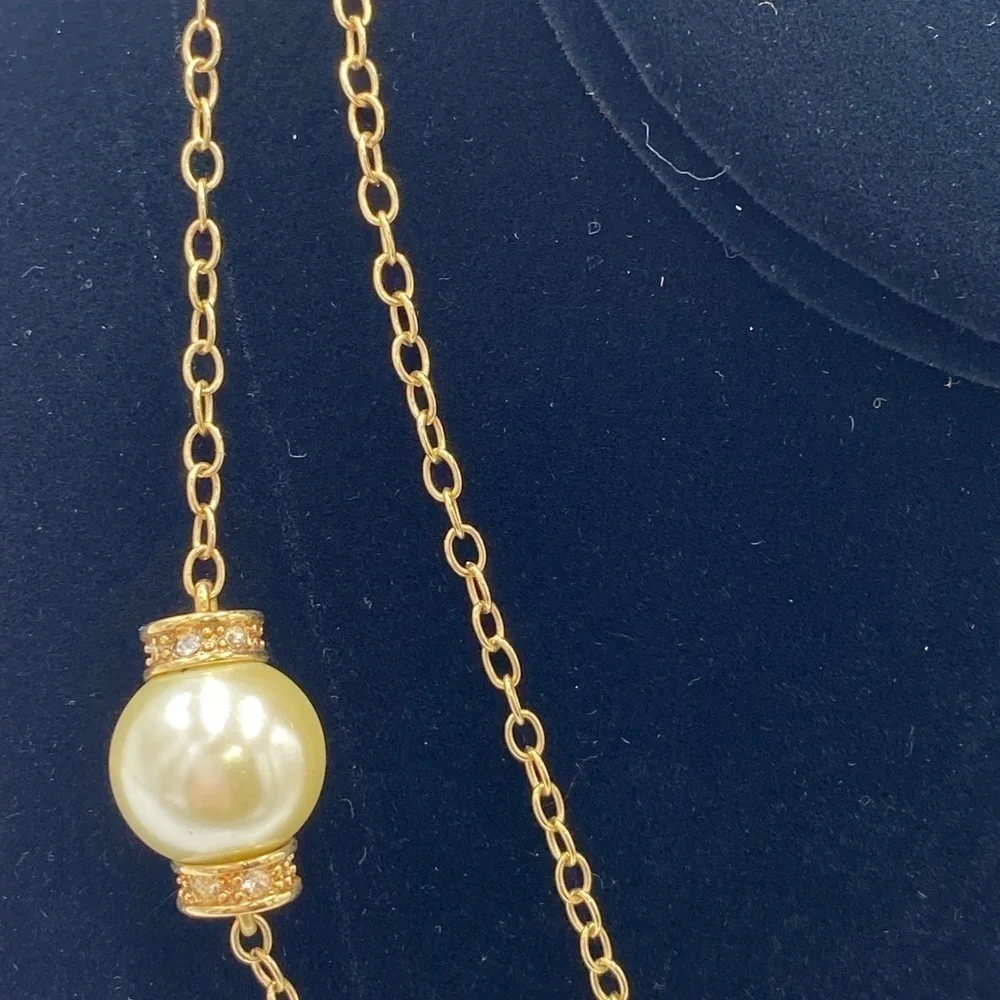 J. Crew Faux‎ Pearl and Rhinestone Necklace Long Strand Necklace Gold Tone